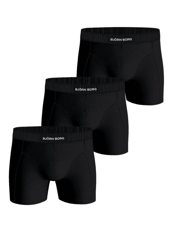 Organic Cotton Stretch Boxers 3-pack in Black, featuring three soft boxer briefs with a white logo elastic waistband.