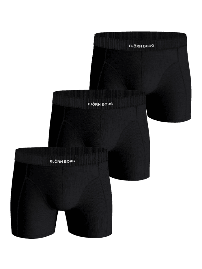 Organic Cotton Stretch Boxers 3-pack in Black, featuring three soft boxer briefs with a white logo elastic waistband.