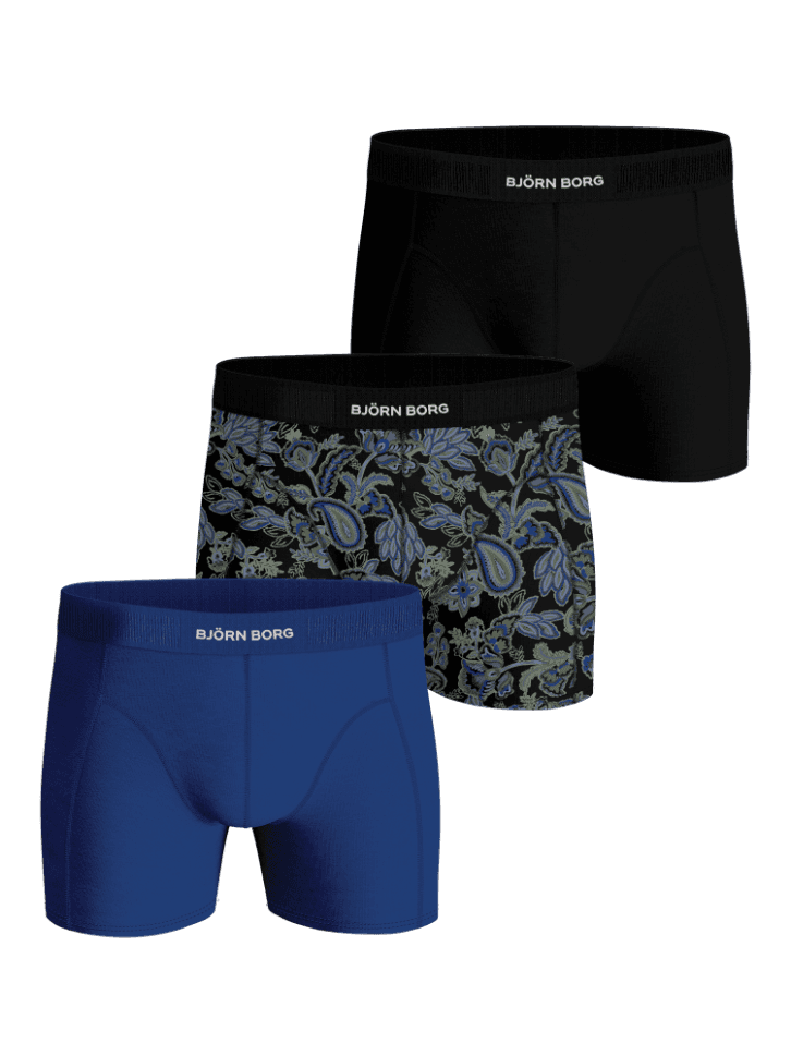 Organic Cotton Stretch Boxers 3-pack featuring stylish black, blue, and paisley print boxer briefs with white logos. - Image 1