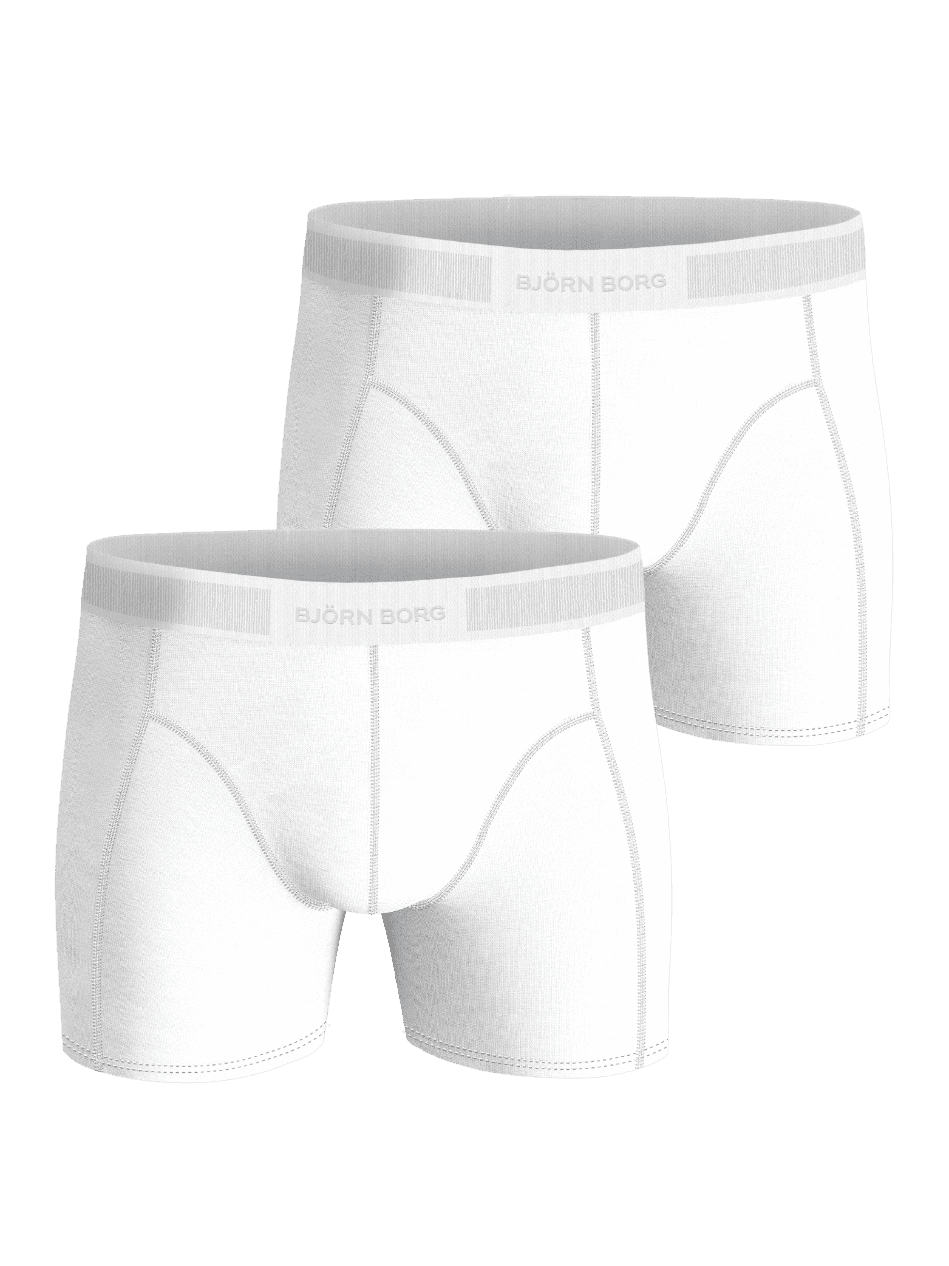 Organic Cotton Stretch Boxers 2-pack in White, featuring two pairs of boxer briefs with soft white logo elastic waistbands. - Image 1