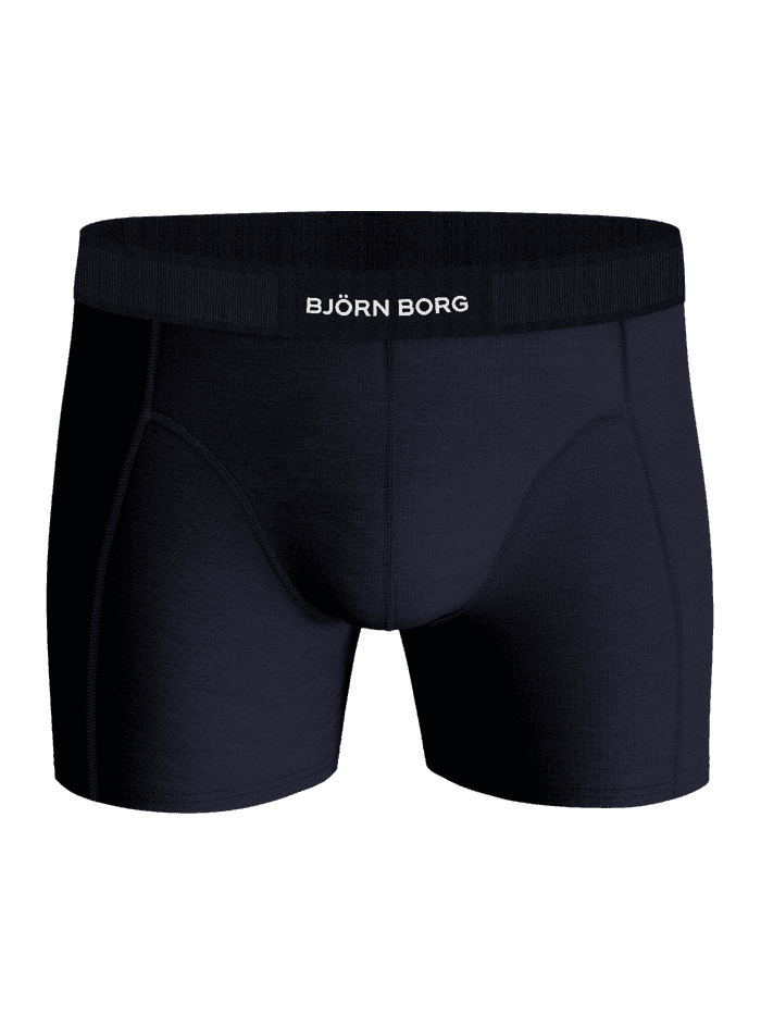 Vue de face du Organic Cotton Stretch Boxers 2-pack bleu marine et noir avec ceinture noire et logo blanc. - Image 4