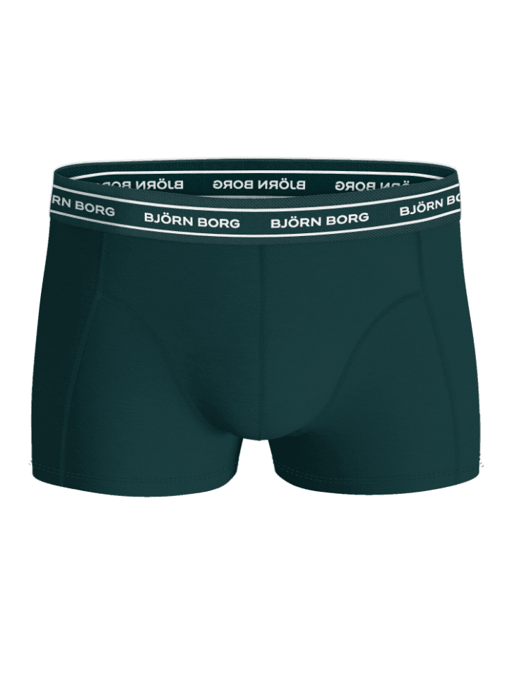 Front view of the green Organic Cotton Stretch Trunks 3-pack for men, featuring a white logo elastic waistband. - Image 2