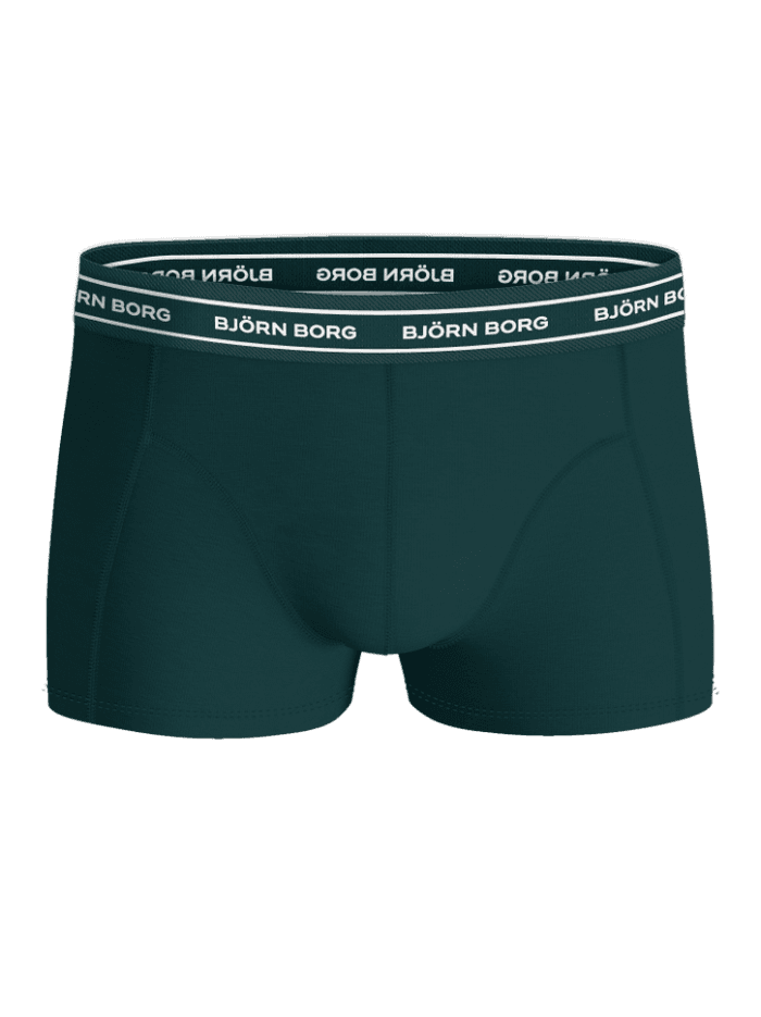 Vue de face du shorty vert Organic Cotton Stretch Trunks 3-pack pour homme avec logo blanc sur la ceinture élastique. - Image 2