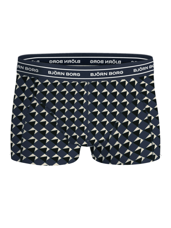 Front view of the Organic Cotton Stretch Trunks 3-pack in a navy and white geometric print with a microfibre logo waistband. - Image 3