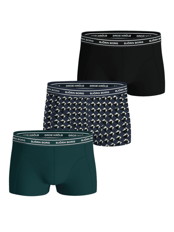 Organic Cotton Stretch Trunks 3-pack in zwart, groen en geometrische print van organisch katoen met witte logo-tailleband.