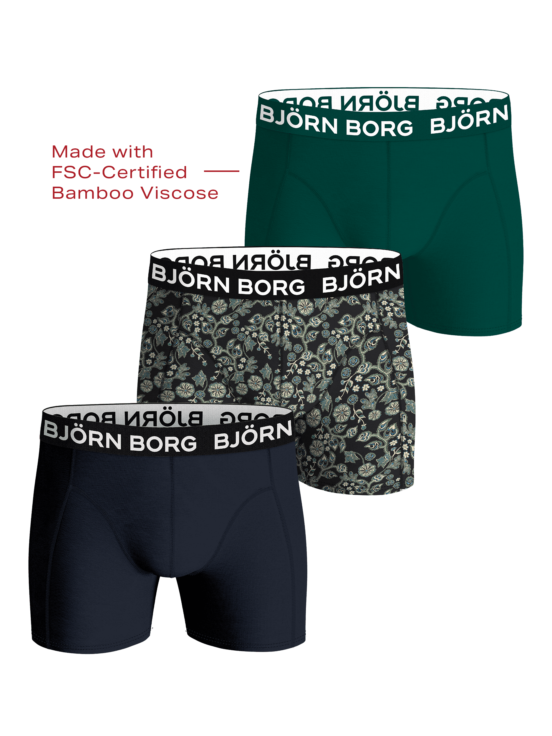 Bamboo Cotton Blend Boxers 3-pack - Green, Print, Navy Blue
