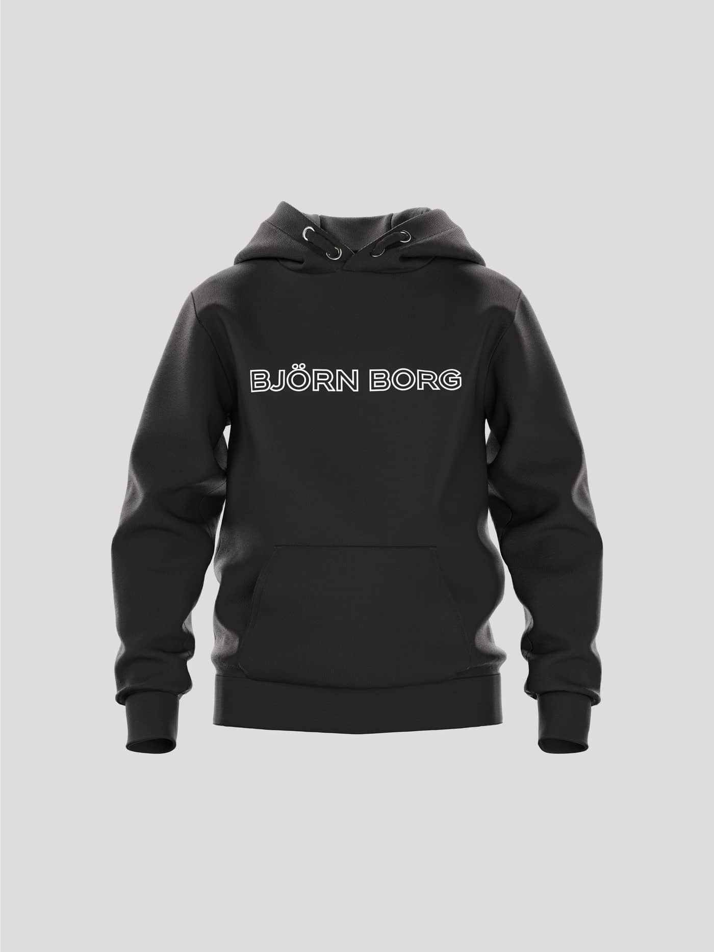 Front view of the kids' soft fleece Björn Borg Essential 3 Hoodie in Black Beauty (Black) with a white chest logo. - Image 1