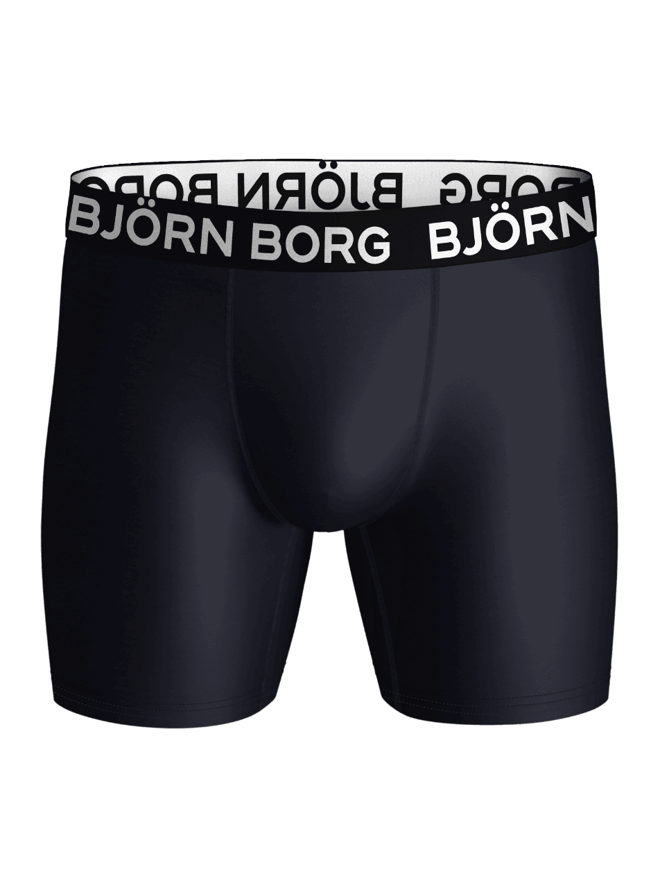 Front view of the Sports Microfiber Boxers in navy, high-performance training boxer briefs with a white logo waistband. - Image 1