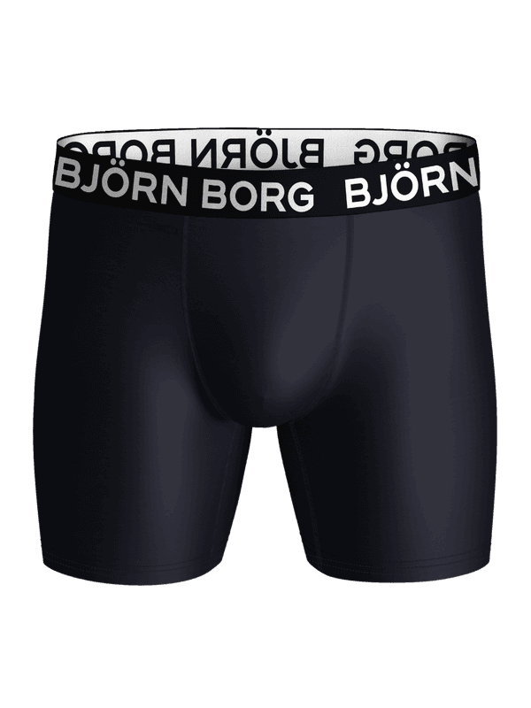 Front view of the Sports Microfiber Boxers in navy, high-performance training boxer briefs with a white logo waistband.