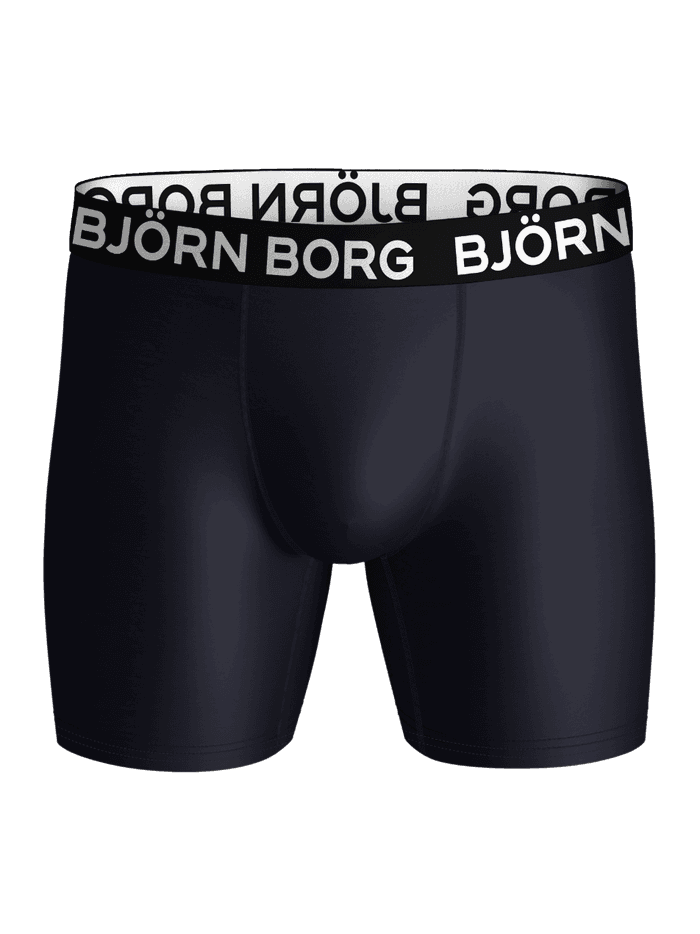 Front view of the Sports Microfiber Boxers in navy, high-performance training boxer briefs with a white logo waistband.