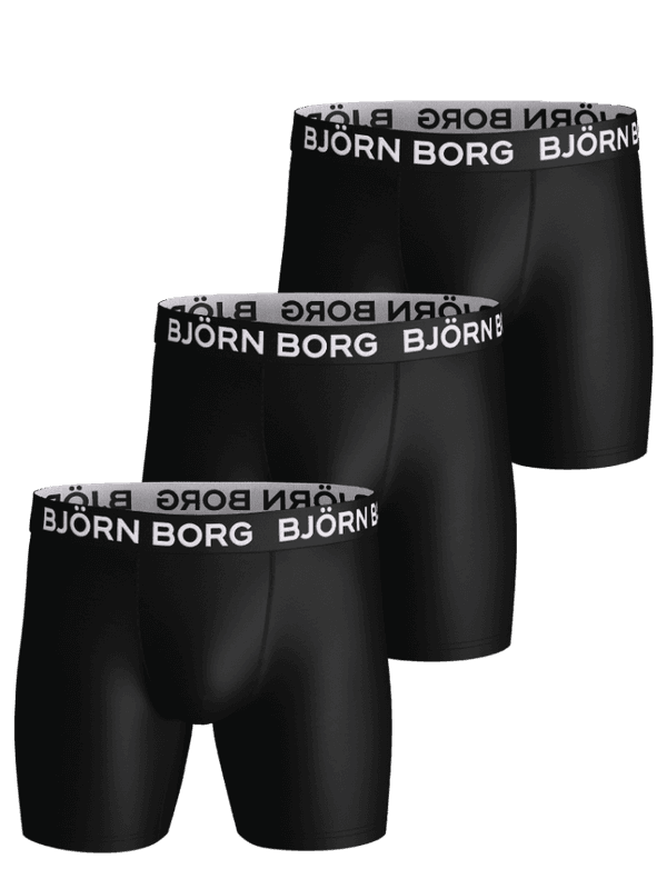 Vue de face du Sports Microfiber Boxers 3-pack noir d'entraînement avec ceinture à logo Björn Borg blanc.