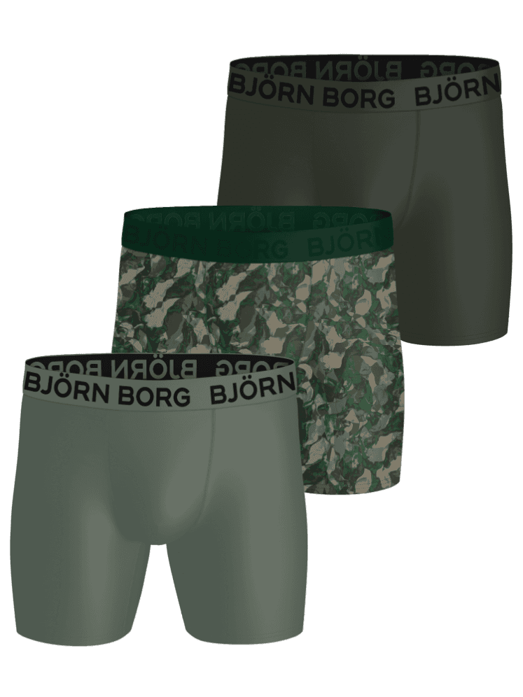 Sports Microfiber Boxers 3-pack voor heren in groen, grijs en camouflageprint van vochtafvoerende microvezel voor training. - Image 1
