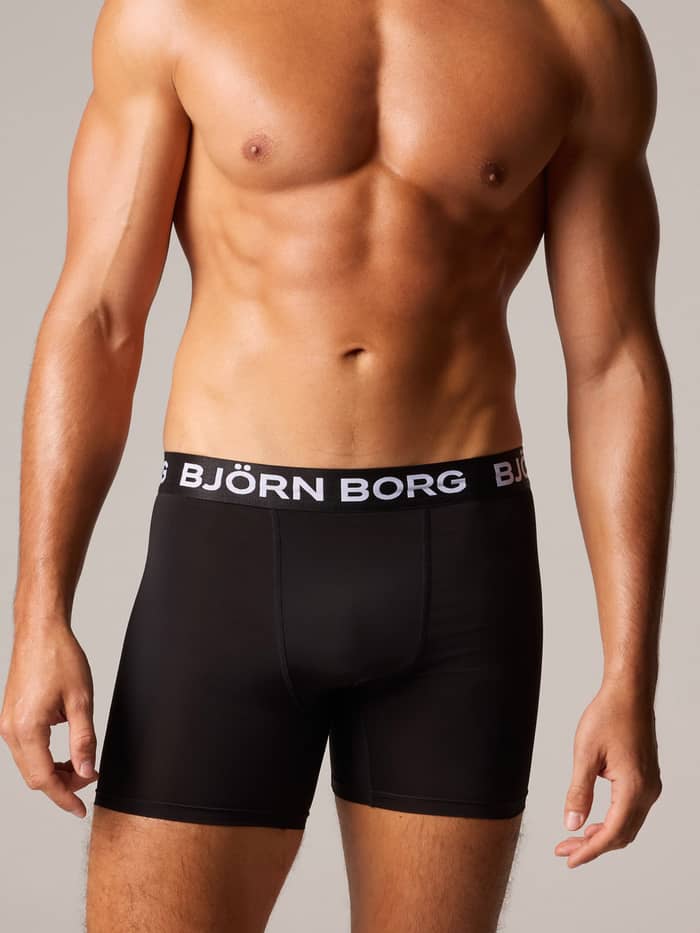 Close-up of the Sports Microfiber Boxers 3-pack in Black showing the elastic logo waistband.