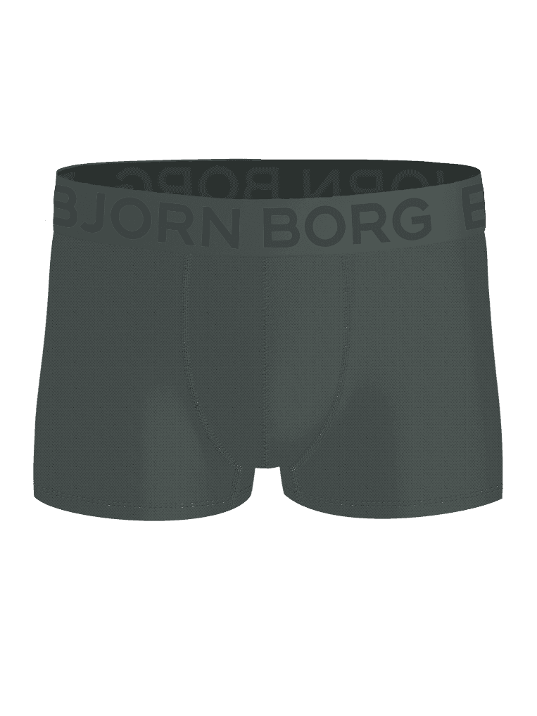 Front view of the green Sports Mesh Trunks 2-pack for men, featuring breathable mesh and a grey logo waistband for training. - Image 2