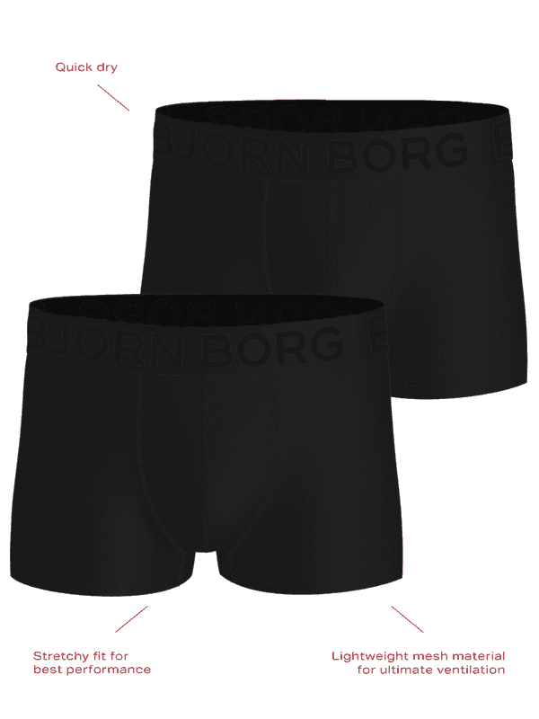 Sports Mesh Trunks 2-pack en Negro de malla transpirable y cinturilla con logotipo negro para entrenamiento.