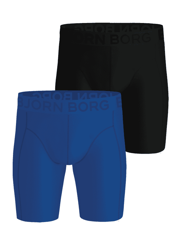 Sports Lightweight Long Leg Boxers 2-pack noirs et bleus en microfibre pour l'entraînement haute performance.