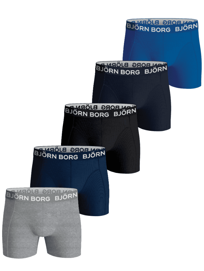 Cotton Stretch Boxers 5-pack för barn i svart, blått, melerat och marinblått med vit logotyp på midjebandet.