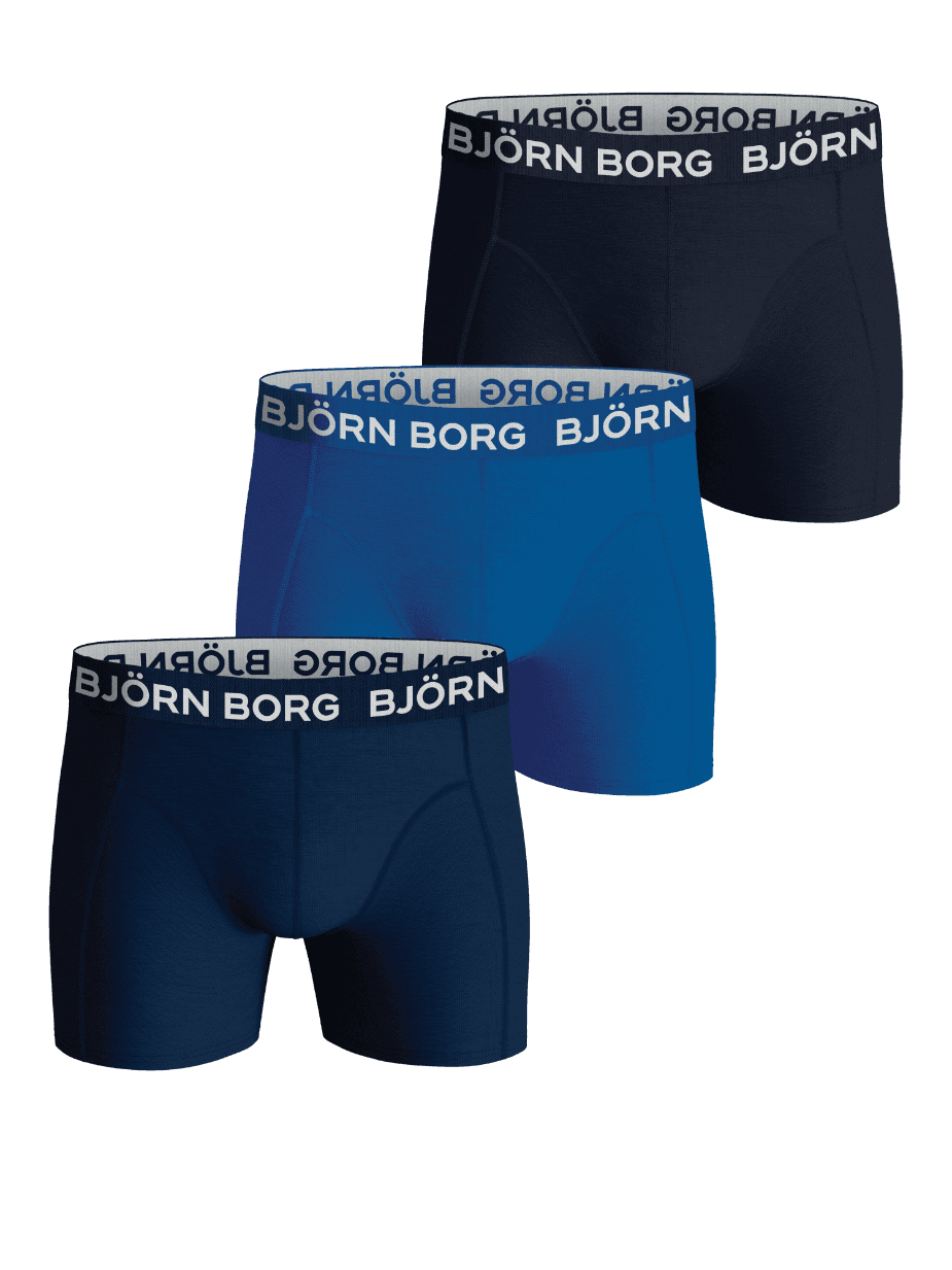 Björn Borg Cotton Stretch Boxers 3-pack for kids in blue and navy blue featuring white logo elastic waistbands. - Image 1