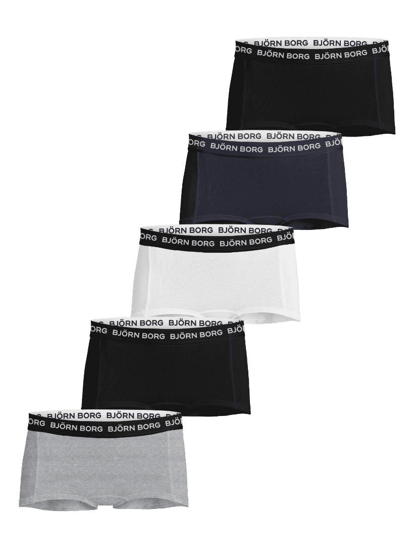 Cotton Stretch Boxer Shorts 5-pack for kids in black, navy, white, and grey featuring elastic logo waistbands. - Image 1