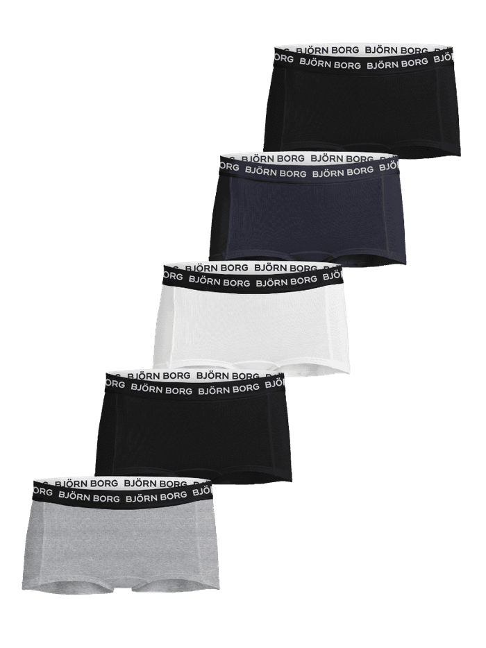 Cotton Stretch Boxer Shorts 5-pack for kids in black, navy, white, and grey featuring elastic logo waistbands.