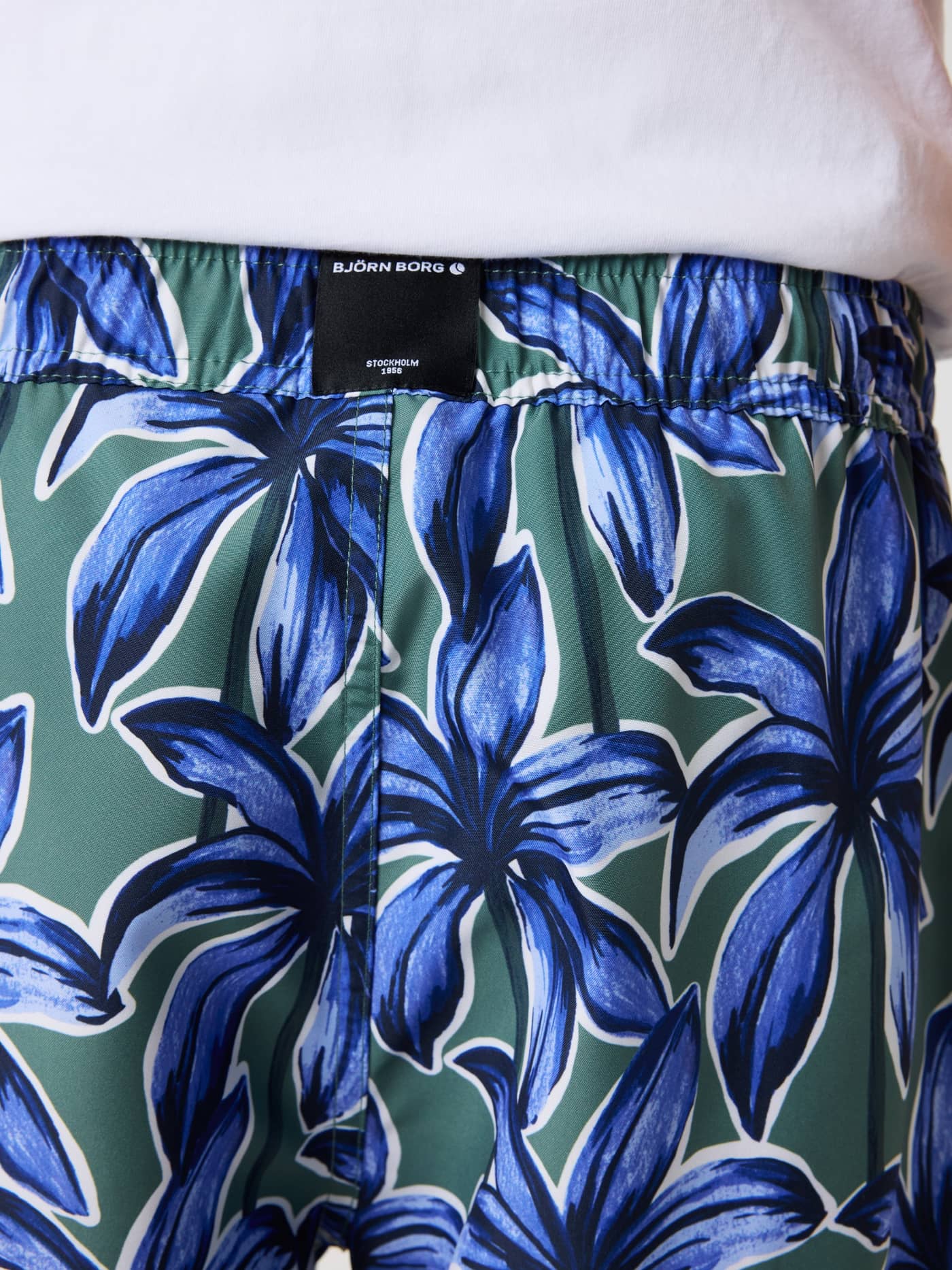 Kids' Borg Print Swim Shorts in Palms On Palms 1 (Blue, Green) featuring a palm pattern and black logo tag. - Image 4