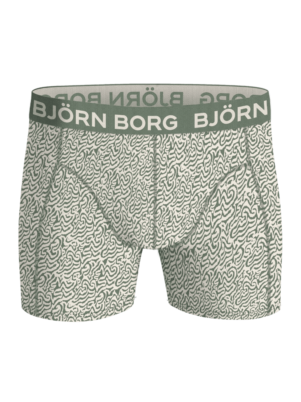 Front view of men's Cotton Stretch Boxers 3-pack boxer briefs in green with a wavy print and white logo elastic waistband. - Image 4