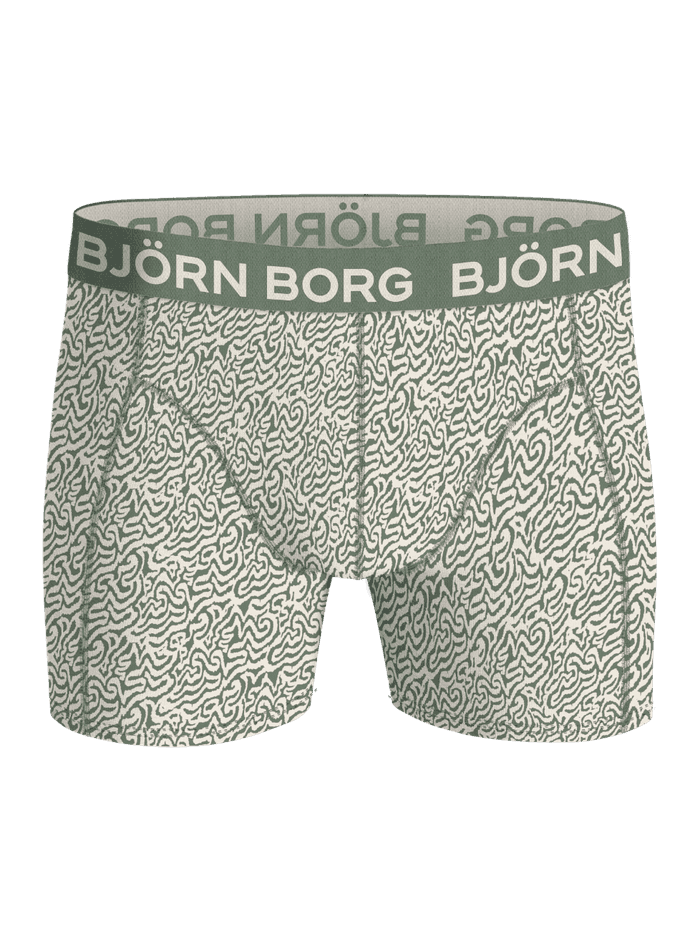 Front view of men's Cotton Stretch Boxers 3-pack boxer briefs in green with a wavy print and white logo elastic waistband. - Image 4