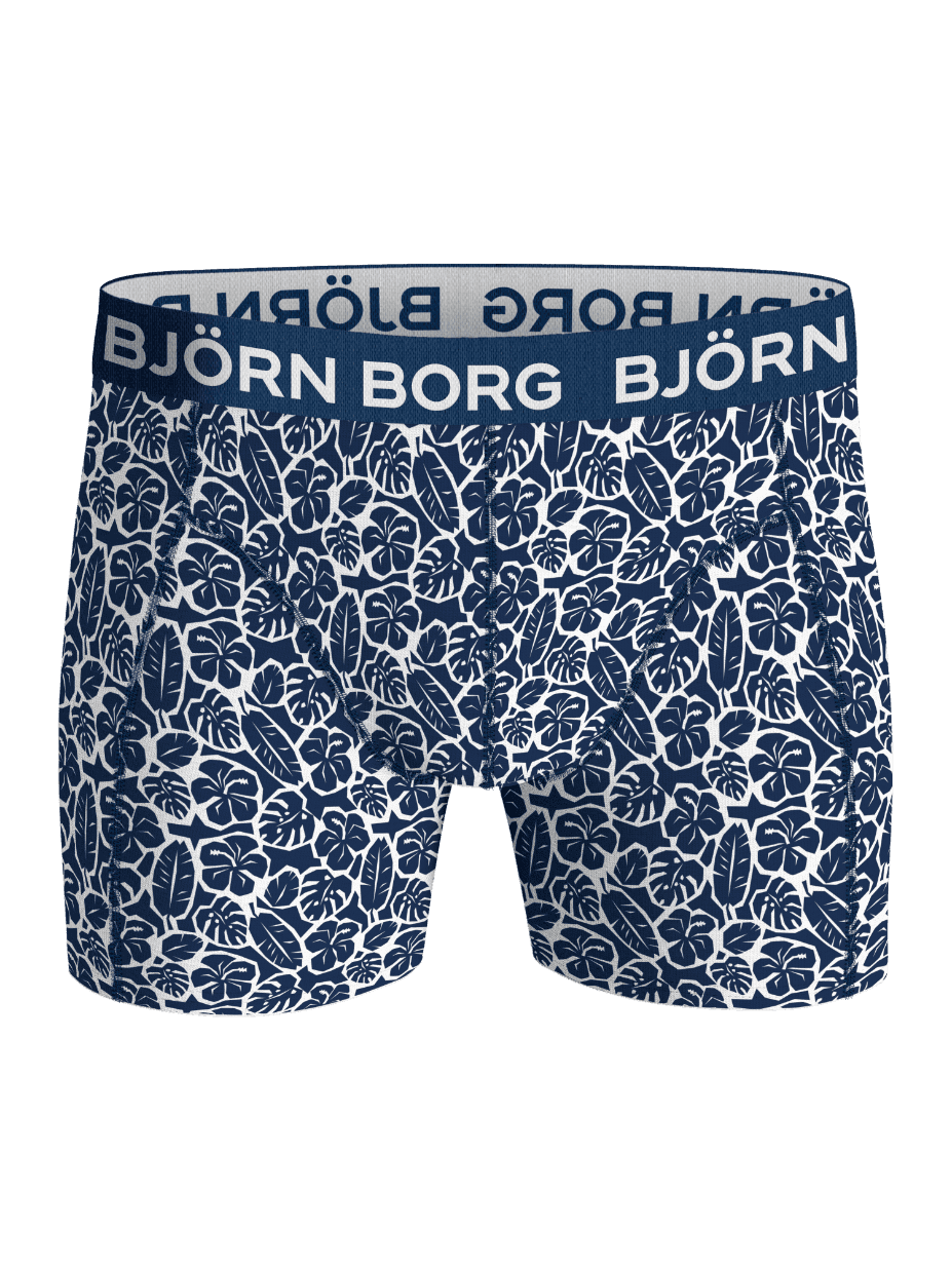 Front view of the Björn Borg Cotton Stretch Boxers 3-pack in Blue (Blue) with white tropical print and white logo waistband. - Image 4