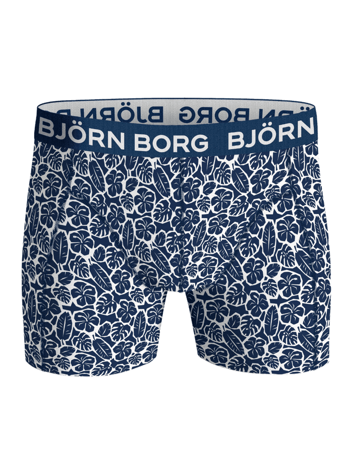 Front view of the Björn Borg Cotton Stretch Boxers 3-pack in Blue (Blue) with white tropical print and white logo waistband. - Image 4