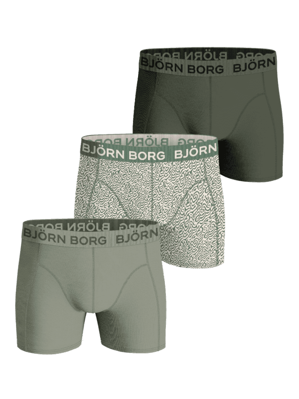 Cotton Stretch Boxers 3-pack i grön med vågigt mönstrade och enfärgade kalsonger i bomullsstretch och svart logotyp.