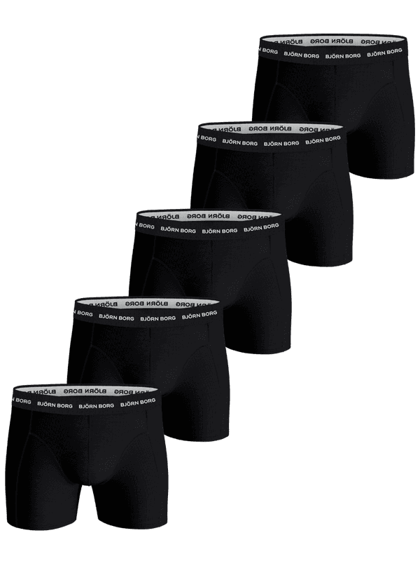 Cotton Stretch Boxers 5-pack med fem svarta boxerkalsonger i mjuk bomullsstretch med vit logotyp på midjeresåren.