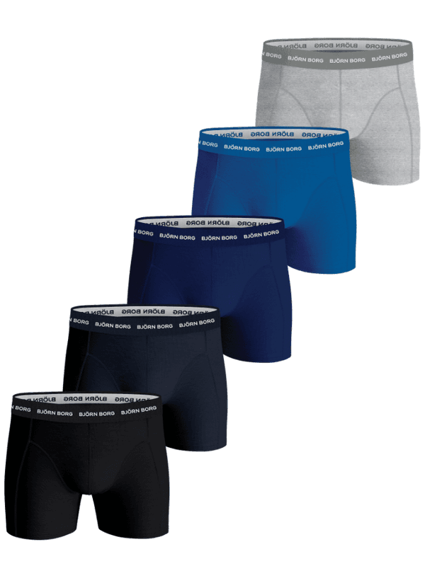 Cotton Stretch Boxers 5-pack i bomullsstretch för män med vit logoresår i svart, marinblått, blått och gråmelerat.
