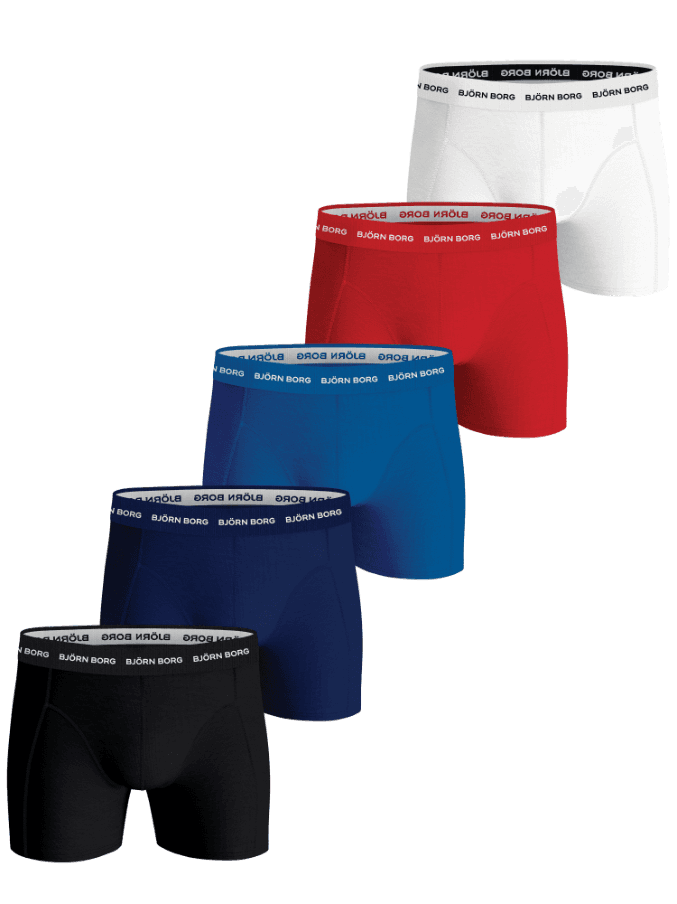 Cotton Stretch Boxers 5-pack featuring five men's boxer briefs in black, blue, red, and white with white and black logos. - Image 1