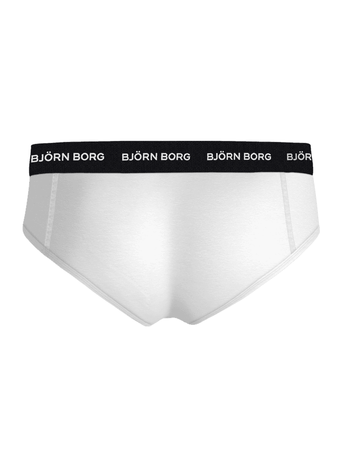 Vue arrière du Cotton Stretch Briefs 3-pack blanc pour homme en coton extensible avec logo blanc sur ceinture noire. - Image 4