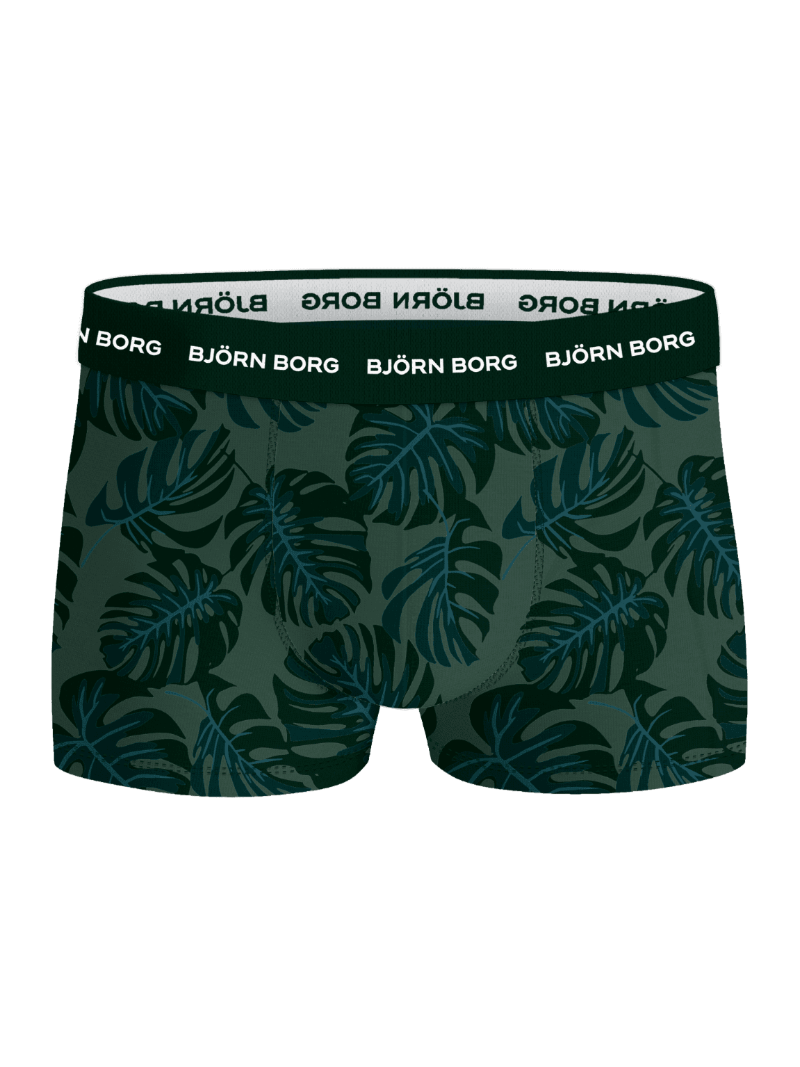 Front view of the Cotton Stretch Trunks 3-pack in green leaf print, featuring a soft logo elastic waistband. - Image 4