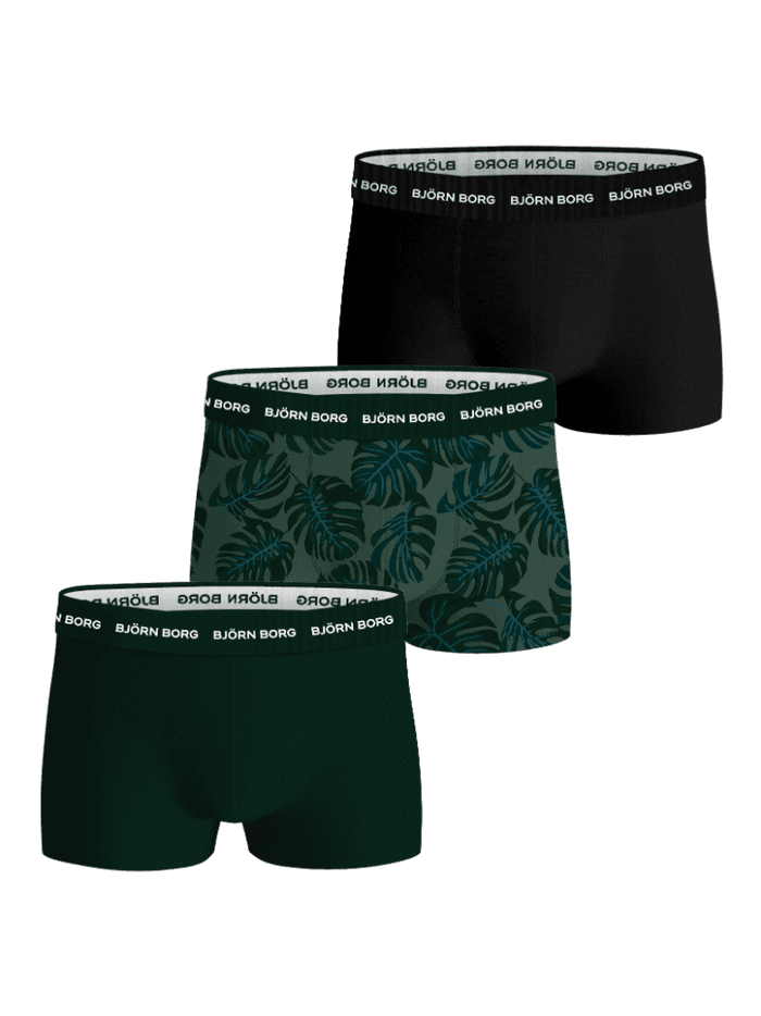 Cotton Stretch Trunks 3-pack for men in solid black, green, and a leaf print with white logos on the elastic waistbands.
