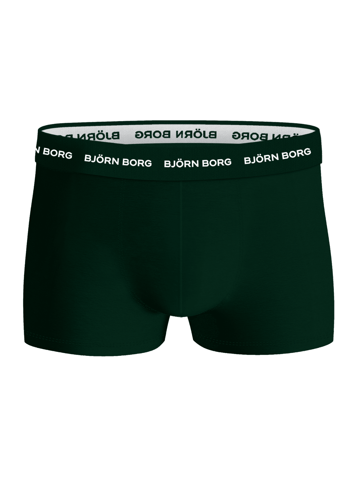 Front view of the green Björn Borg Cotton Stretch Trunks 3-pack with a white logo elastic waistband. - Image 2
