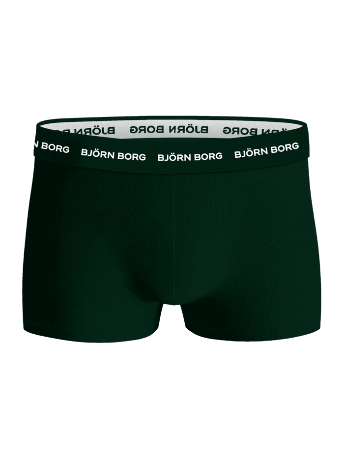 Vue de face du shorty vert Björn Borg Cotton Stretch Trunks 3-pack avec ceinture élastique à logo blanc. - Image 2