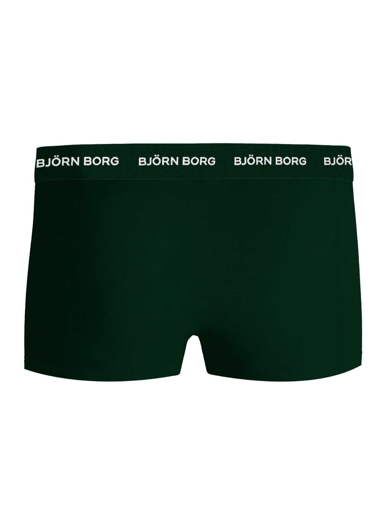 Back view of the green Björn Borg Cotton Stretch Trunks 3-pack for men, featuring a white logo elastic waistband. - Image 3