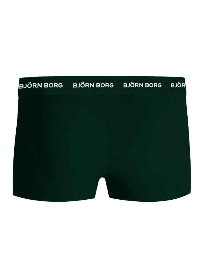 Vue arrière du shorty vert Björn Borg Cotton Stretch Trunks 3-pack pour homme avec ceinture élastique à logo blanc. - Image 3
