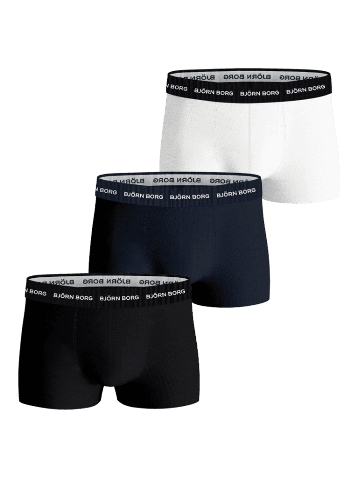 Cotton Stretch Trunks 3-pack in white, navy blue, and black, with white logos on microfibre waistbands and a perfect fit.