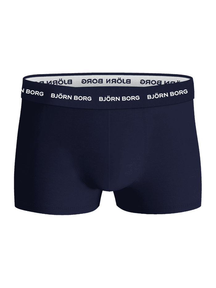 Vue de face du shorty bleu Björn Borg Cotton Stretch Trunks 3-pack avec ceinture élastique à logo blanc. - Image 2