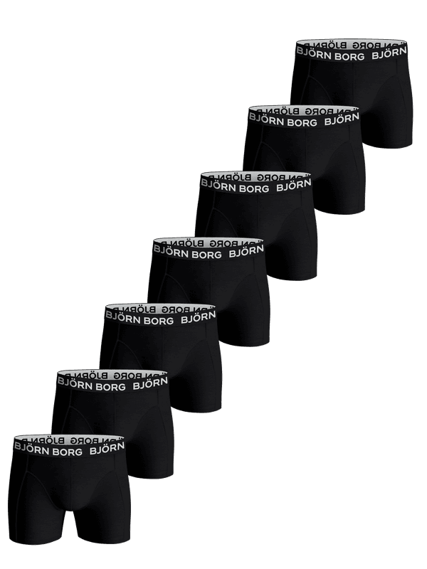 Cotton Stretch Boxers 7-pack i svart med sju par kalsonger i bomullsstretch och vit logotyp på midjeresåren.