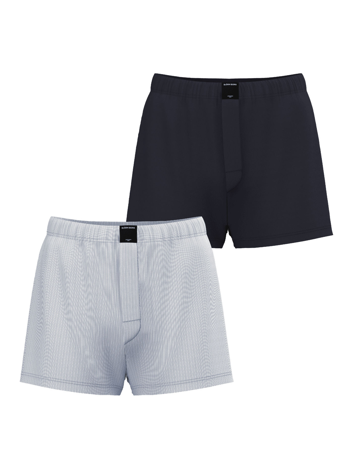 Cotton Stretch Woven Boxer Shorts 2-pack sedda framifrån i marinblått och ljusblå ränder med svart logoetikett. - Image 2