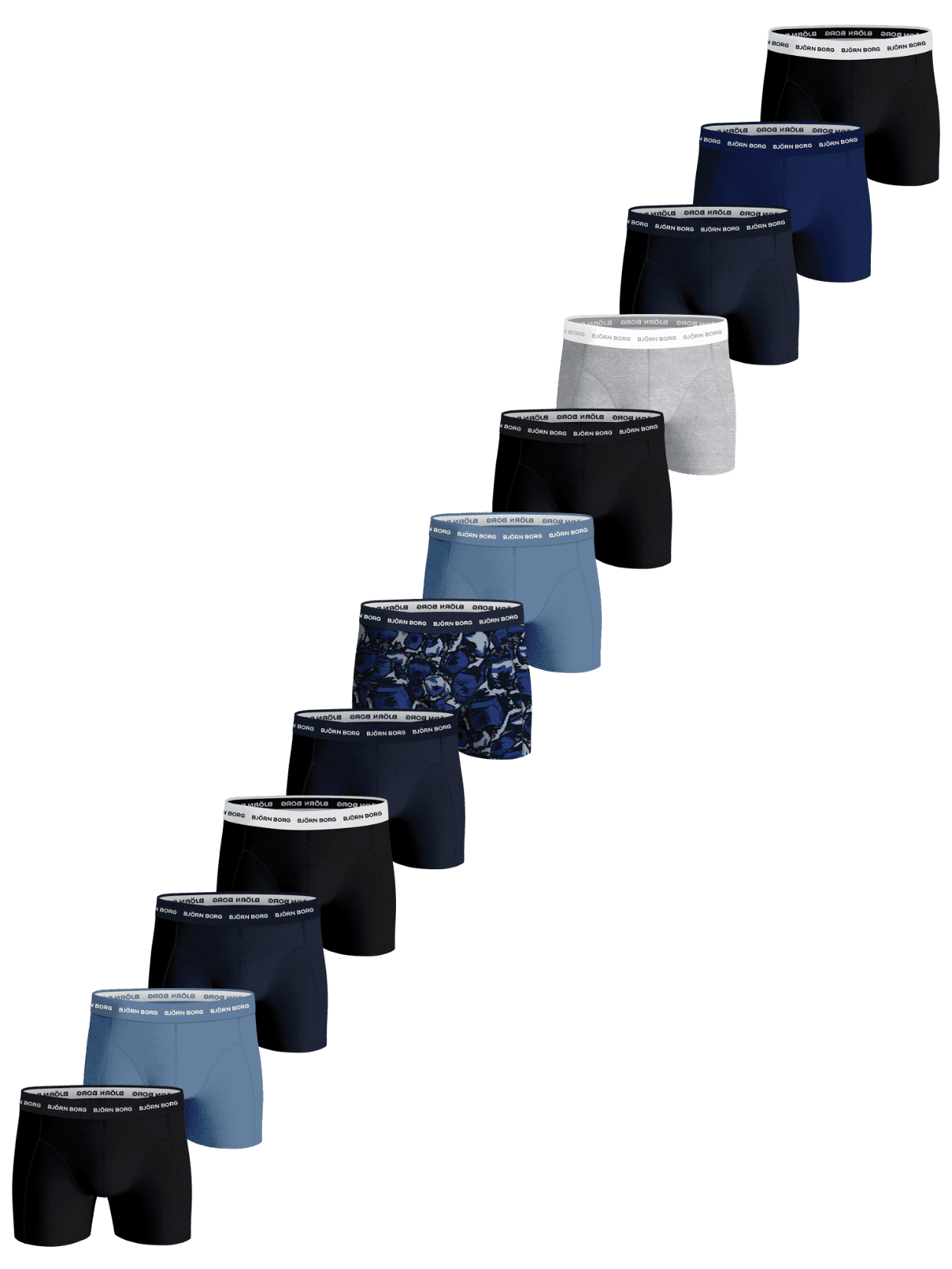 Cotton Stretch Boxers 12-pack for men, including twelve soft cotton boxer briefs in black, blue, melange, and navy blue. - Image 1
