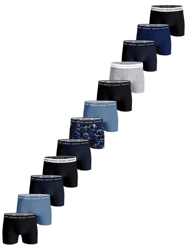 Cotton Stretch Boxers 12-pack for men, including twelve soft cotton boxer briefs in black, blue, melange, and navy blue.