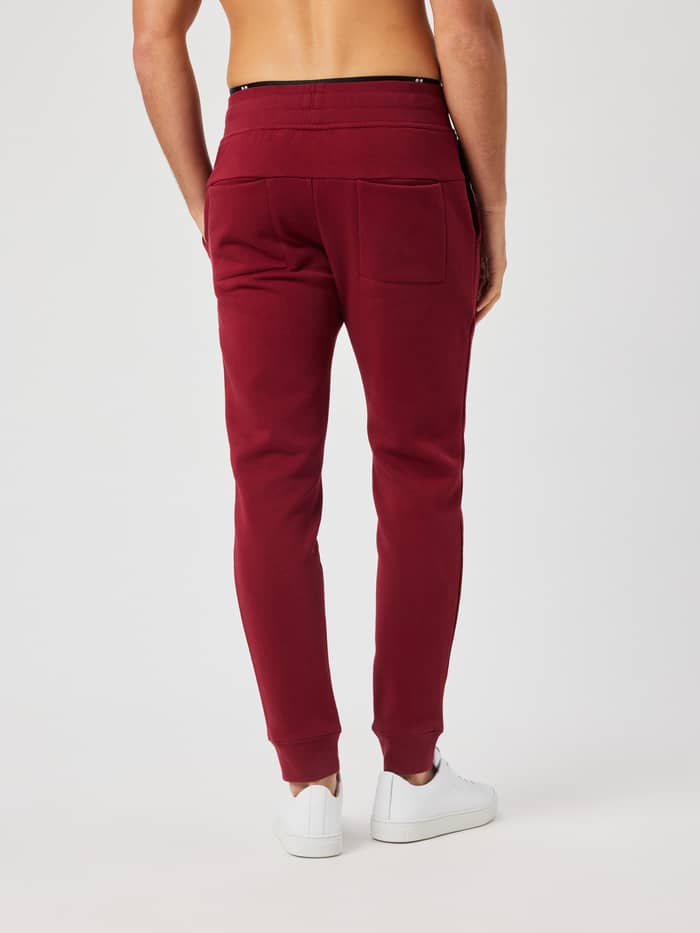Back view of the Centre Tapered Sweatpants in Cabernet with back pockets and elastic waistband.