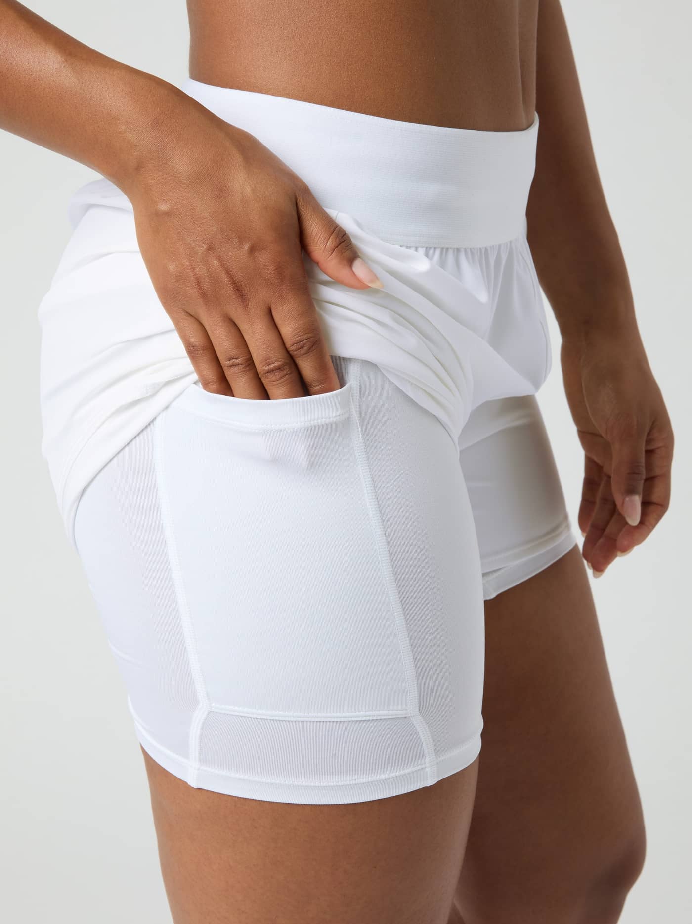 Close-up detail of the Björn Borg Ace 2 in 1 Shorts in white, showing the side pocket on the inner shorts. - Image 4