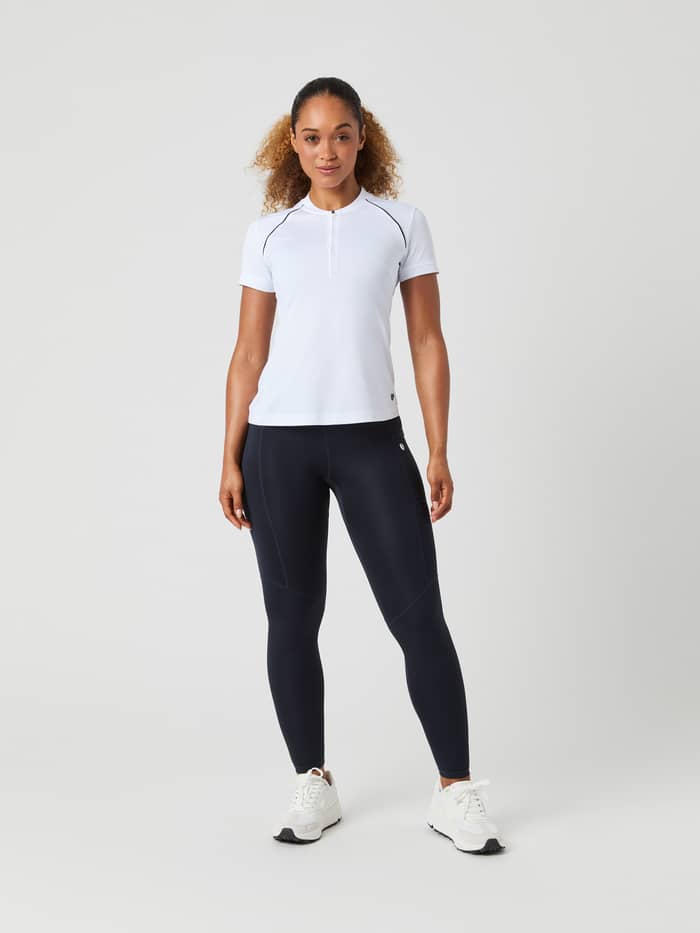 Full-body front view of a model wearing the Björn Borg Ace Pocket Tights in Night sky (Navy) for a stylish tennis fit. - Image 5