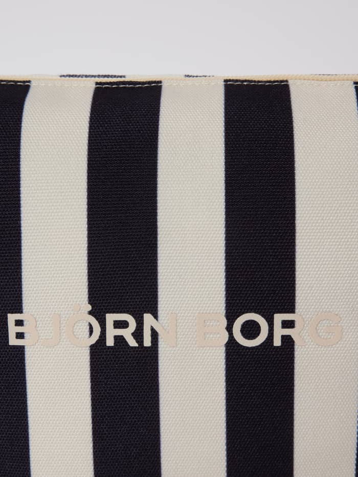 Detailed close-up of the Borg Beach Wash Bag in Black Beauty (Black) with vertical stripes and a light beige logo.